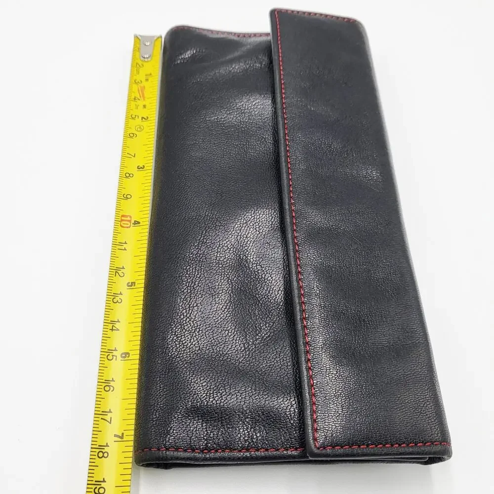 Vintage Tusk Black Red Genuine Leather Slim Trifold Snap Button Wallet Classic